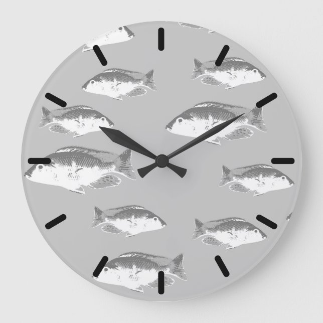 Monochrome gray fish large clock (Front)