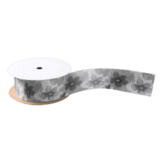Monochrome Gray Hues Flowers  Satin Ribbon