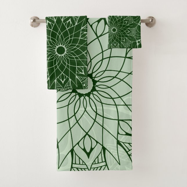 Monochrome Green Mandala Bath Towels Set (Insitu)