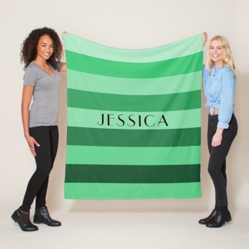 Monochrome Green Striped Pattern Personalized Name Fleece Blanket