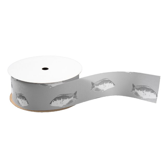 Monochrome grey fish grosgrain ribbon (Spool)