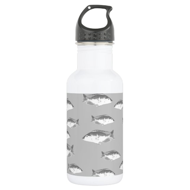 Monochrome grey fish stainless steel water bottle (Front)