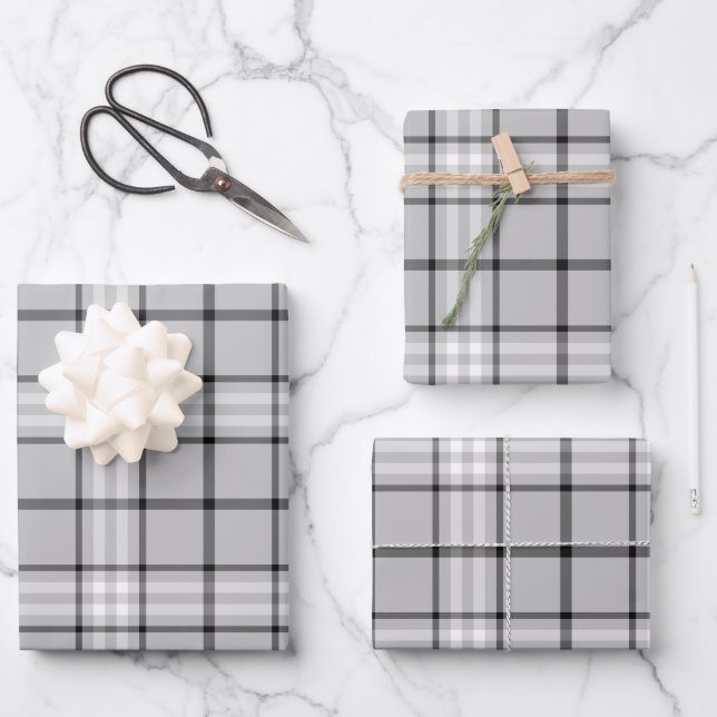 Monochrome Grey Plaid Tartan Pattern Wrapping Paper Sheets (Front)