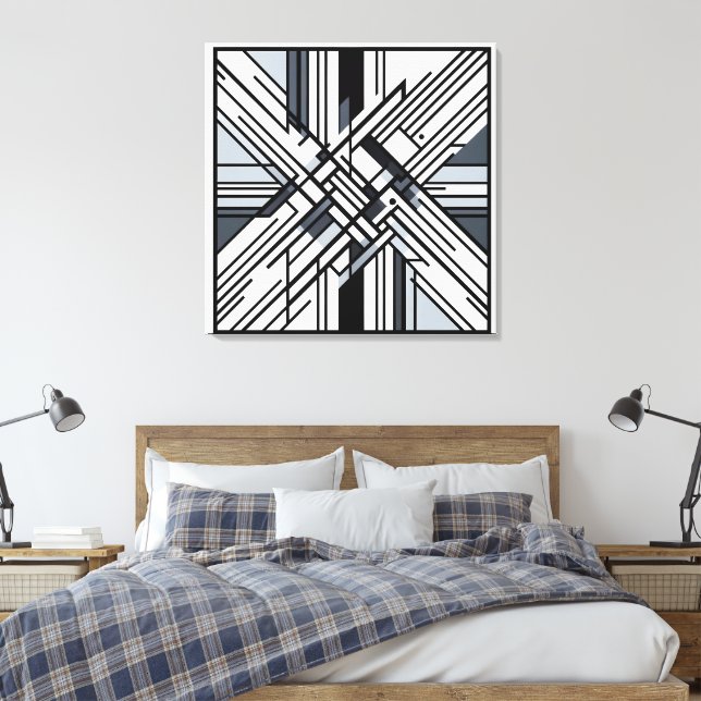 Monochrome Grid X – Abstract Geometric Line Art Canvas Print (Insitu(Bedroom))