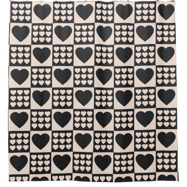 Monochrome Hearts Checkered Modern Shower Curtain (Front)