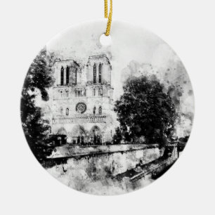 Monochrome Illustration of Notre-Dame Cathedral Ceramic Ornament