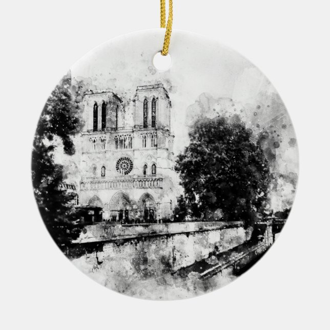 Monochrome Illustration of Notre-Dame Cathedral Ceramic Ornament (Front)
