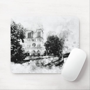 Monochrome Illustration of Notre-Dame Cathedral Mouse Pad
