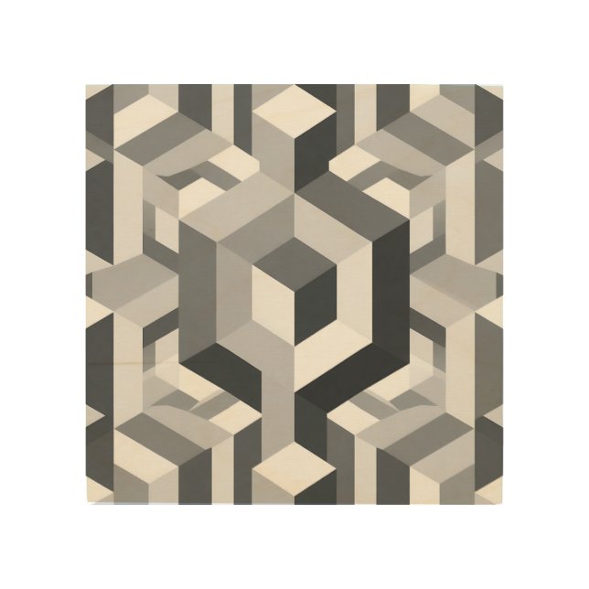 Monochrome Isometric Cube Pattern Wood Wall Art (Front)