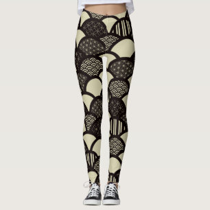 Monochrome Japanese geometric waves pattern Leggings