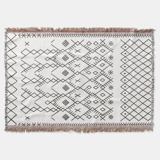 Monochrome Kilim: Moroccan Tribal Texture Art Throw Blanket (Front)