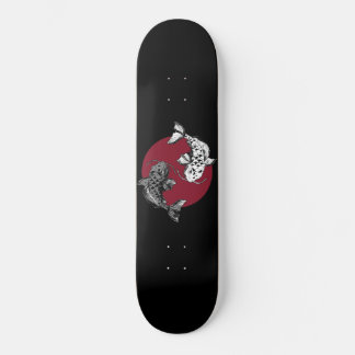 Monochrome Koi Carps on Red Circle Skateboard