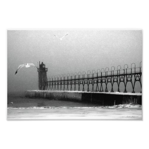 Monochrome Lake Michigan Lighthouse Stormy Winter Photo Print