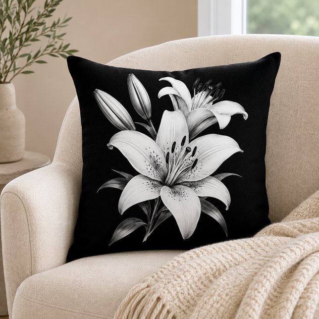 Monochrome Lily Throw Pillow (Creator Uploaded)