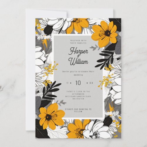 Monochrome line art flowers wedding invitation