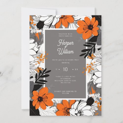 Monochrome line art flowers wedding invitation