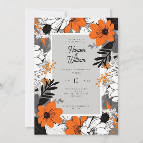 Monochrome line art flowers wedding invitation