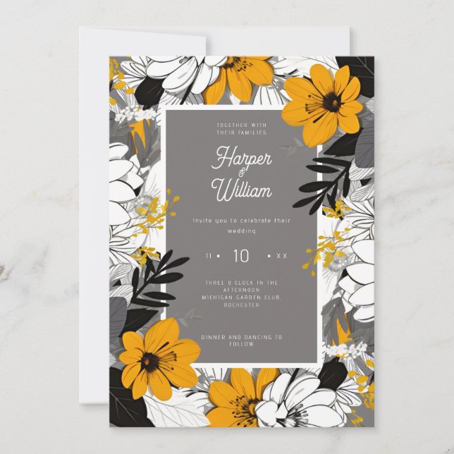 Monochrome line art flowers wedding invitation (Front)