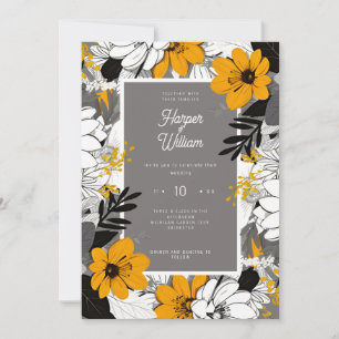 Monochrome line art flowers wedding invitation