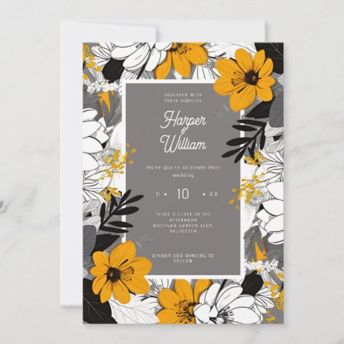 Monochrome line art flowers wedding invitation