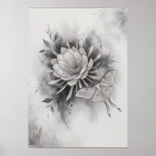 Monochrome Lotus Luna Moth Botanical Poster