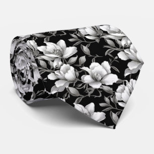 Monochrome Magnolia Flower tile Neck Tie