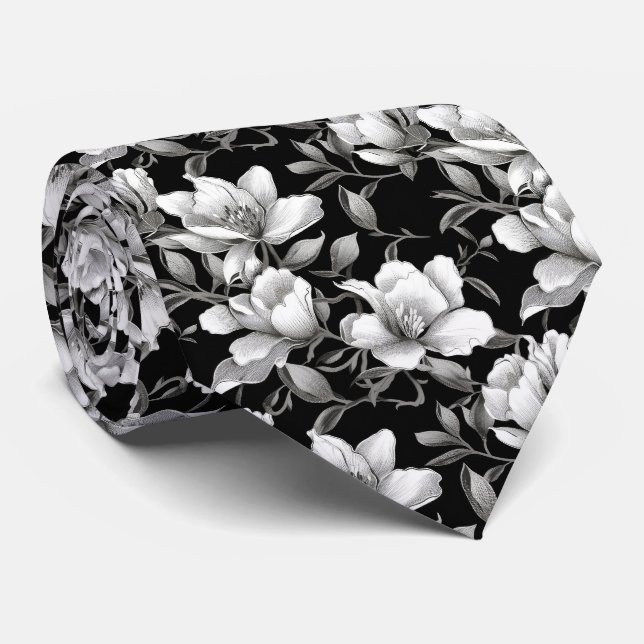 Monochrome Magnolia Flower tile Neck Tie (Rolled)