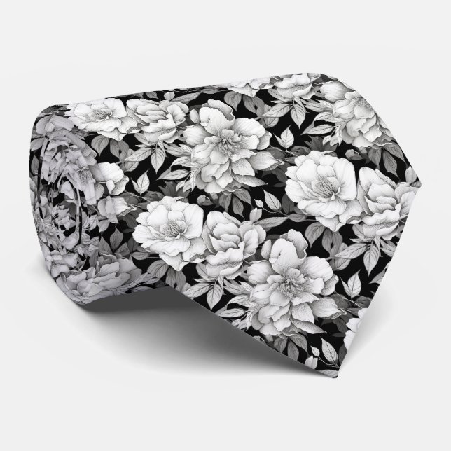 Monochrome Magnolia Flower tile neck tie (Rolled)