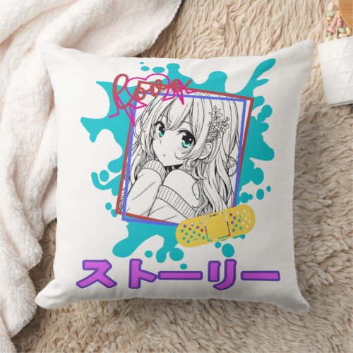 Monochrome manga girl with katakana white  throw pillow