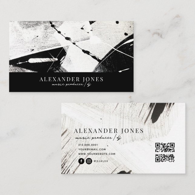 Monochrome Masculine Brush Strokes QR code  Business Card (Front/Back)