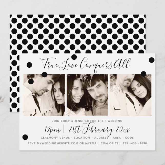 Monochrome Minimalist Black White - ADD 3 PHOTOS Invitation (Front/Back)