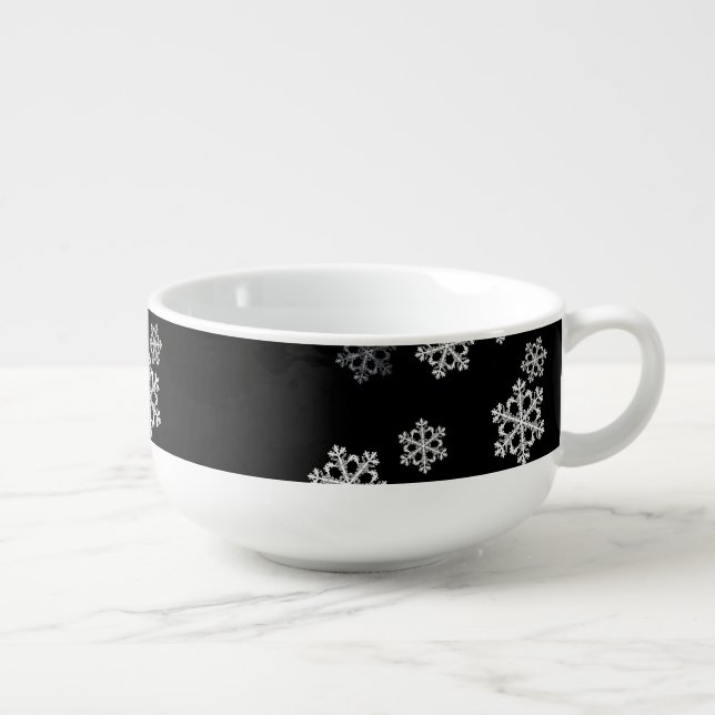 Monochrome Minimalist Snowflake Christmas Pattern Soup Mug (Left)