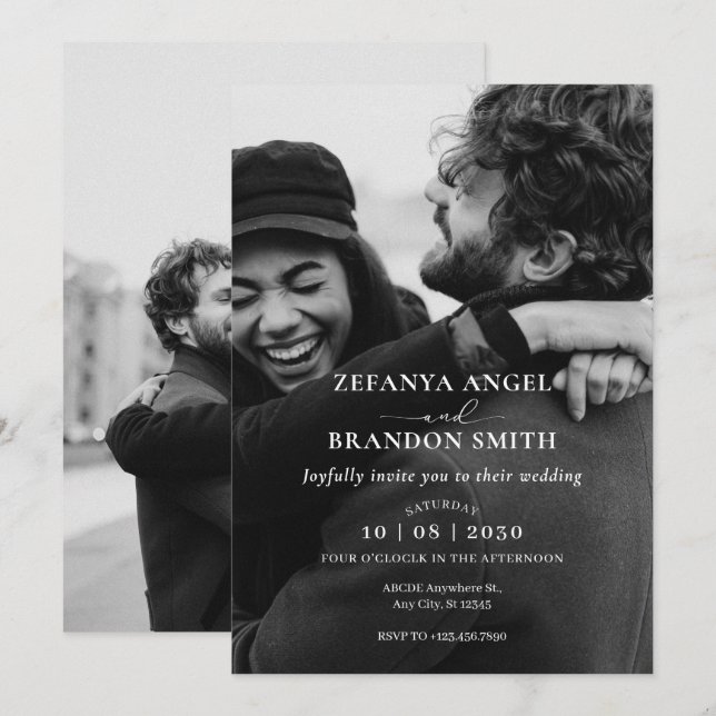 Monochrome modern minimalist photo wedding  invitation (Front/Back)