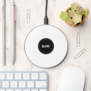 Monochrome monogram black white circle initials wireless charger