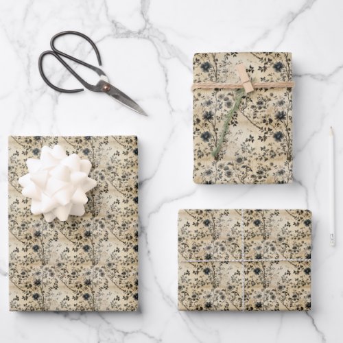 Monochrome navy and ivory tiny wildflowers boho wrapping paper sheets