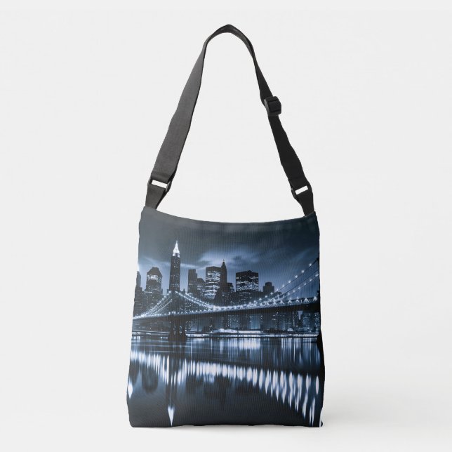 Monochrome New York Skyline Nightscape Crossbody Bag (Front)