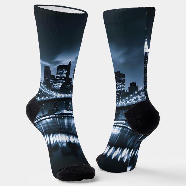 Monochrome New York Skyline Nightscape Socks (Angled)