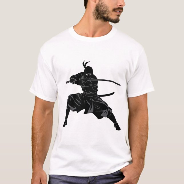 Monochrome Ninja Samurai Silhouette  T-Shirt (Front)