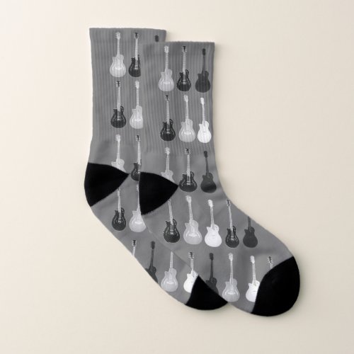 Monochrome on Grey Guitar Pop Art Drawing Music Socks