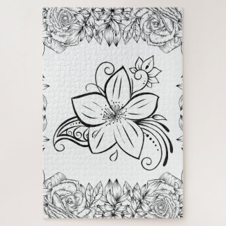 Monochrome Petal Grace – Minimalist Floral Jigsaw Puzzle
