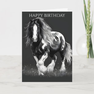 Monochrome Piebald Gypsy Cob Horse Birthday Card