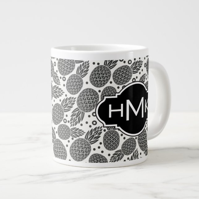 Monochrome Pineapples | Monogram Giant Coffee Mug (Front Right)
