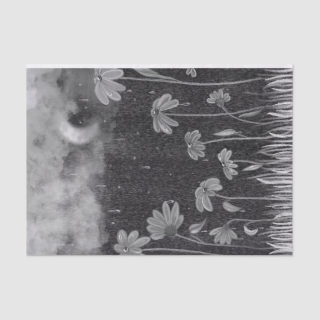 Monochrome Rainstorm Daisy Pencil Drawing Tissue Paper (Front)