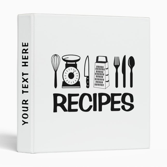 Monochrome “RECIPES” Kitchen Clip Art Design - 3 Ring Binder (Front/Spine)