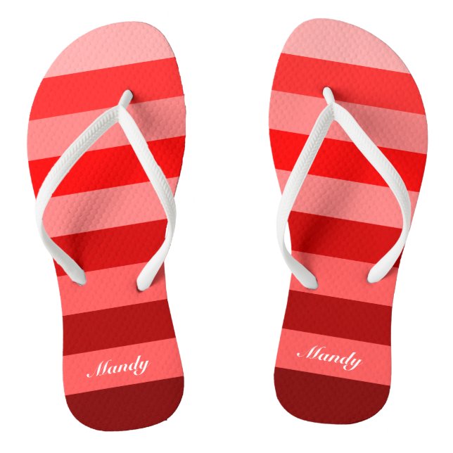 Monochrome Red Block Stripes Customize Name Print Flip Flops (Footbed)