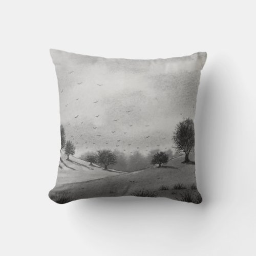 monochrome scenic hills and woodland landscape throw pillow