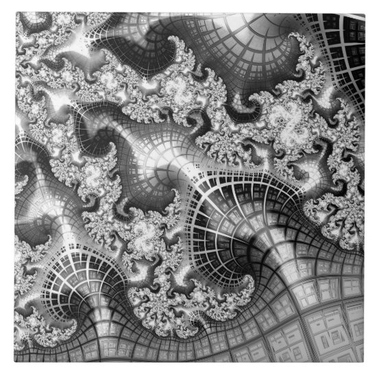 Monochrome Silver Towers Fractal Abstract Art Ceramic Tile