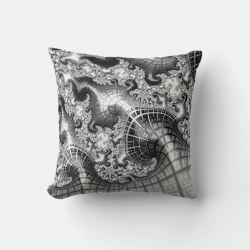 Monochrome Silver Towers Fractal Abstract Art Throw Pillow