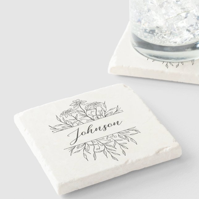 Monochrome Sketched Floral Monogram  Stone Coaster (Creator Uploaded)