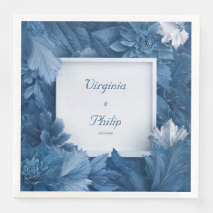Monochrome Slate Blue White Floral Winter Wedding Paper Dinner Napkins